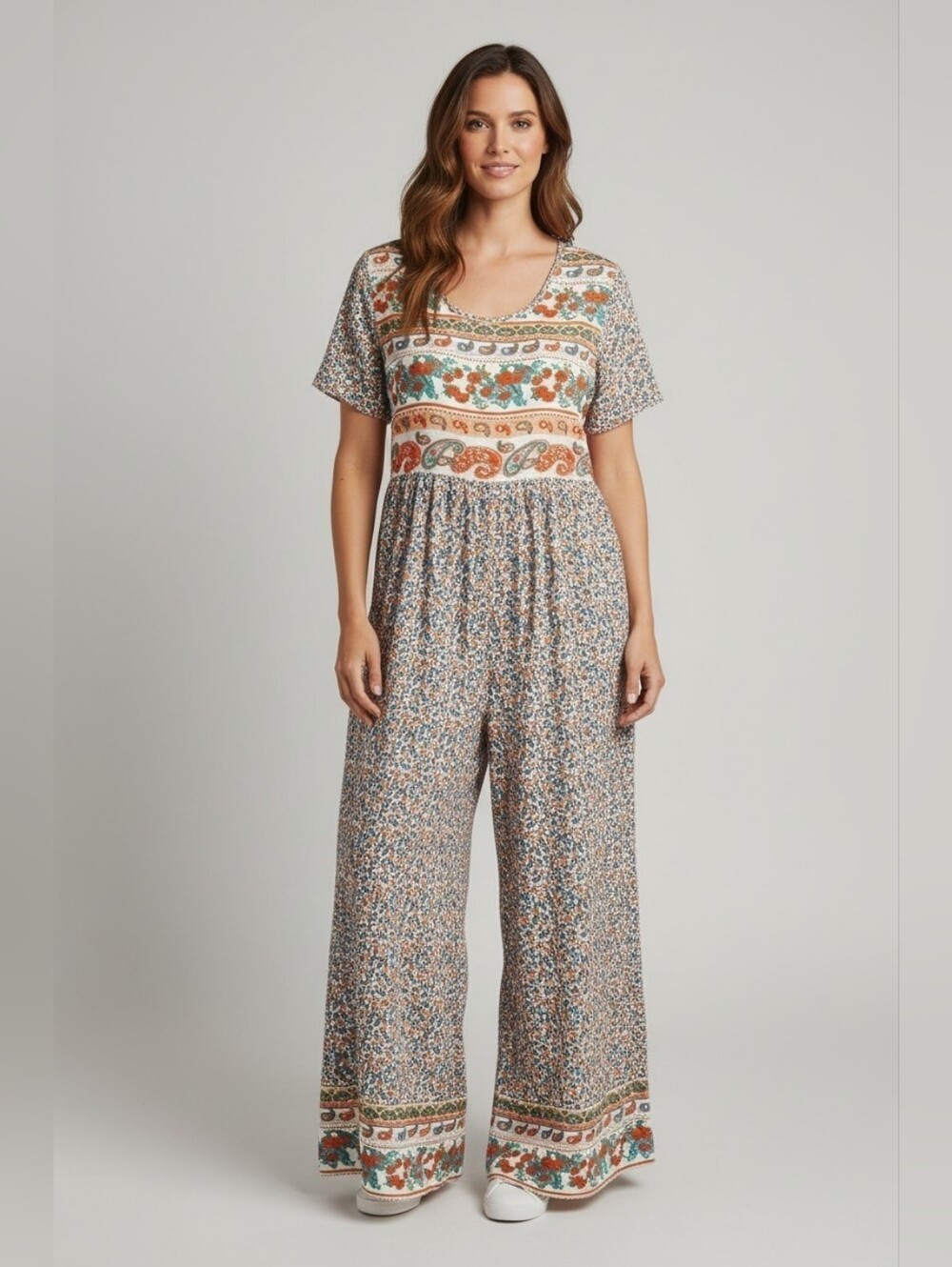 Floral Wide Leg Jumpsuit Boho Beach Short Sleeve Empire Waist Size Large